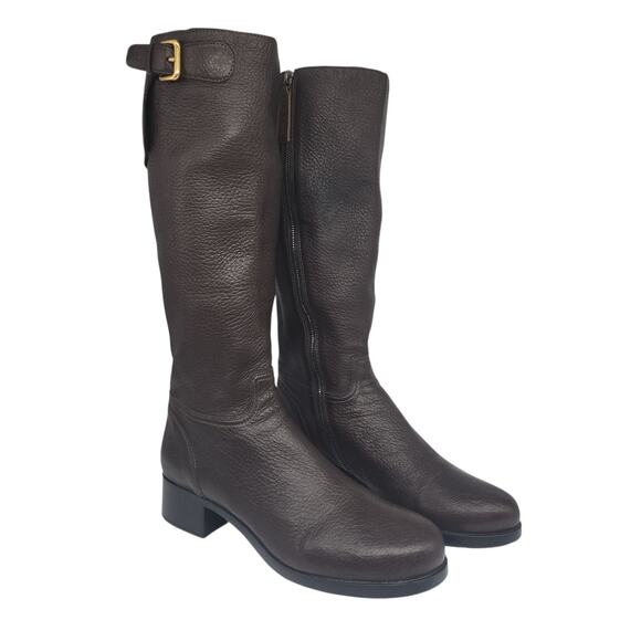 Prada Boots Womens 39.5 9.5 Brown Leather Knee High Block Heel Riding Side Zip - Picture 4 of 16